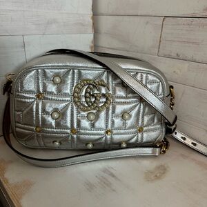 Gucci GG Marmont Silver Metallic Leather Studded Shoulder Bag